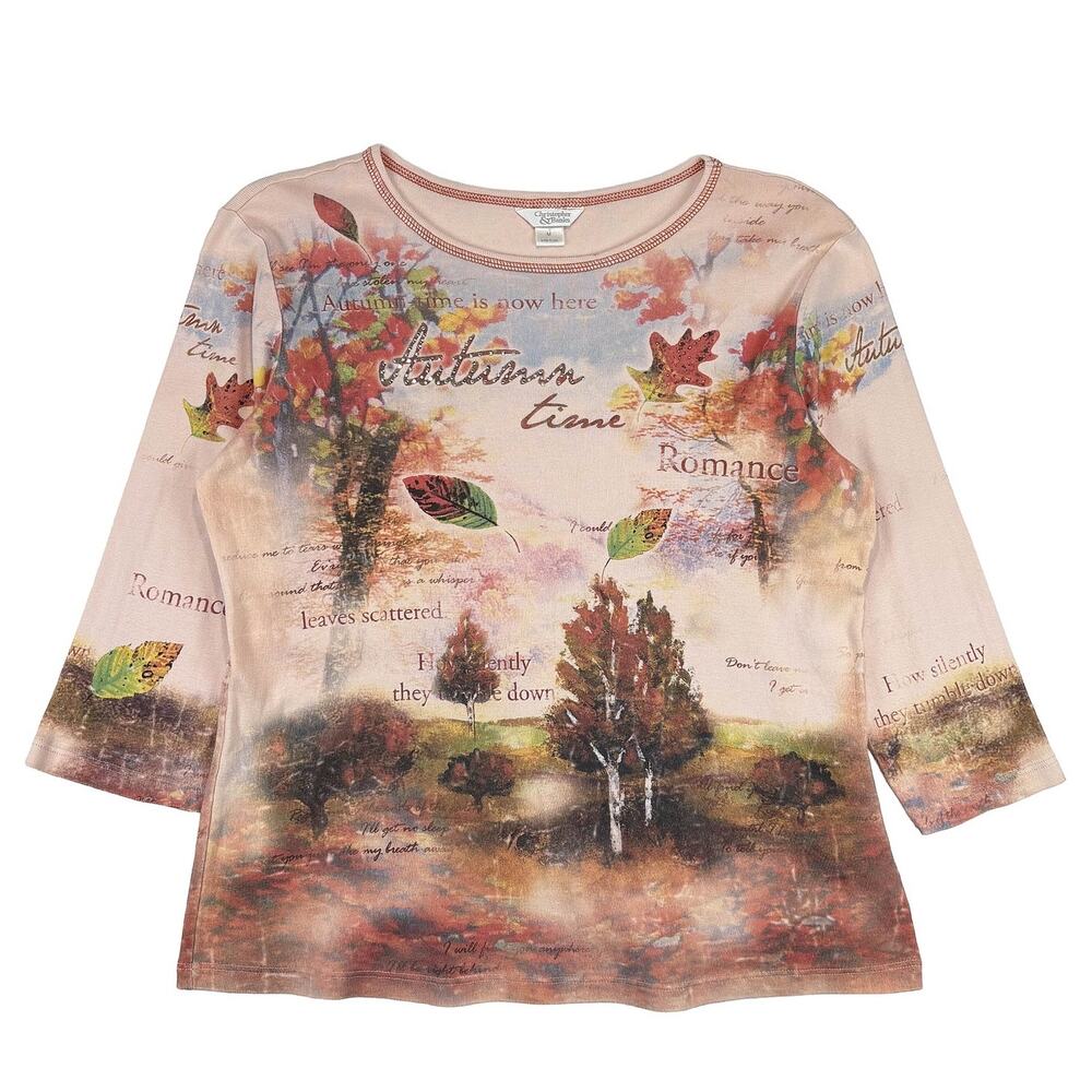 Y2K Autumn Graphic Tee Christopher & Banks Women M Pink Rhinestone Fall Top USA